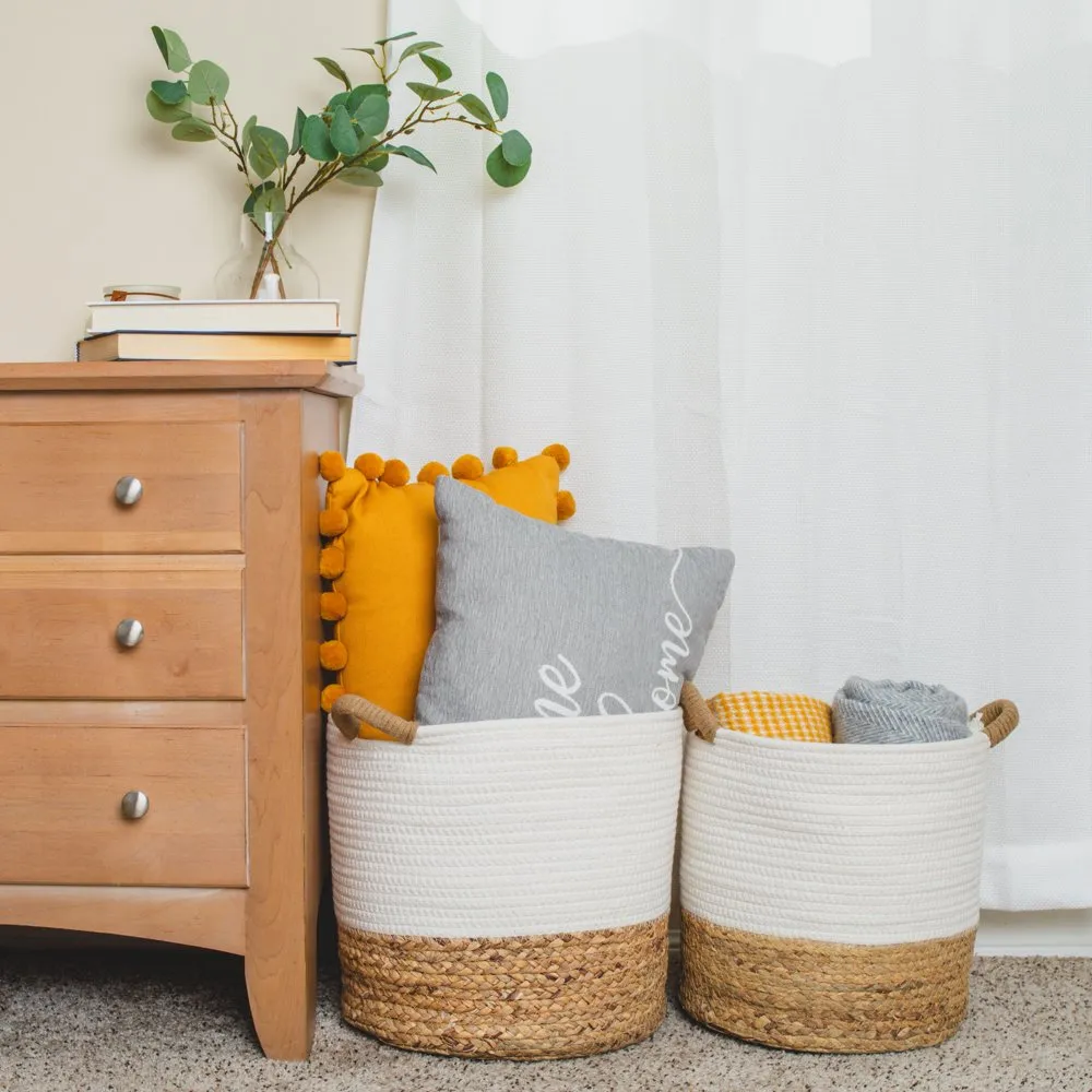 Set of 2 Natural Round Storage Basket, Braided Seagrass Coil Rope XL LG , Natural White