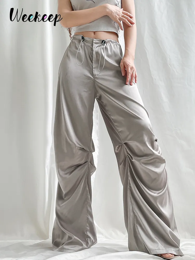 Pantalons pour femmes S Weekeep Satin Wide Leg Baggy Cordon de serrage Jogging Pantalon de survêtement 2023 Mode d'été Pantalon taille basse Élégant Streetwear 230506