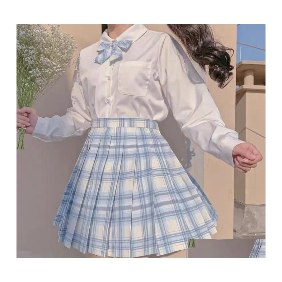 Kleidung Sets Japanische Schule Mädchen Hohe Taille Faltenröcke Blau Kariert Frauen Kleid Lang / Kurzarm Jk Uniform Drop Delivery Baby Dhxih