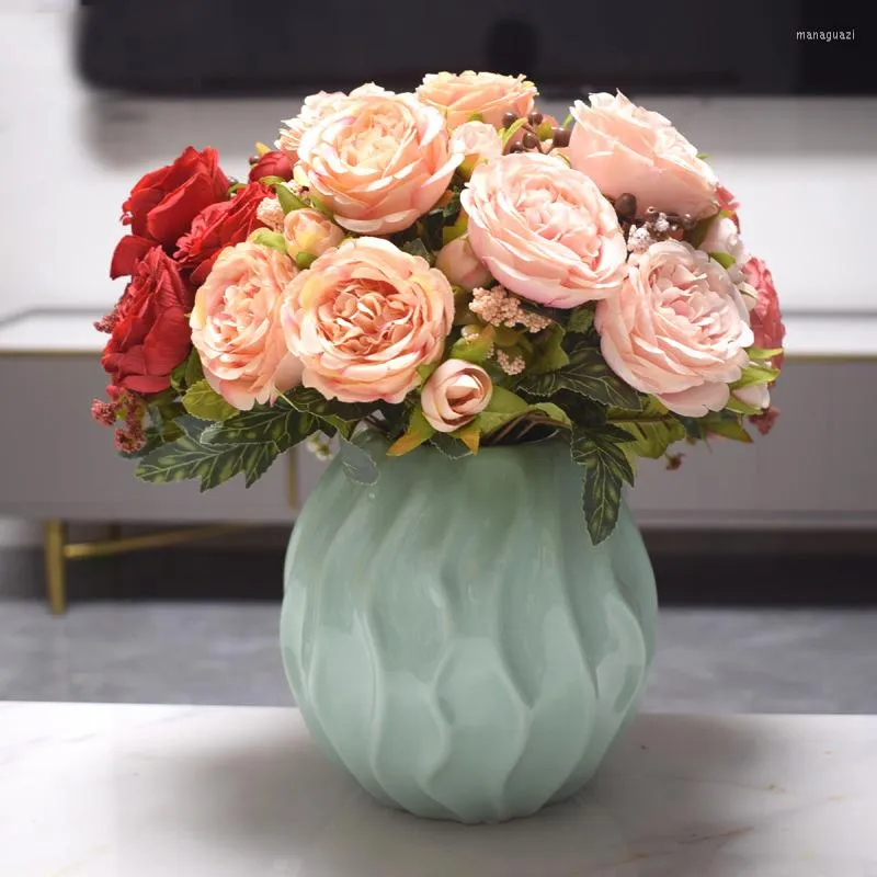 Fiori decorativi 5 teste vasi di bouquet di rose di seta artificiale per la decorazione domestica testa grande 4 boccioli piccoli decorazione di nozze sposa