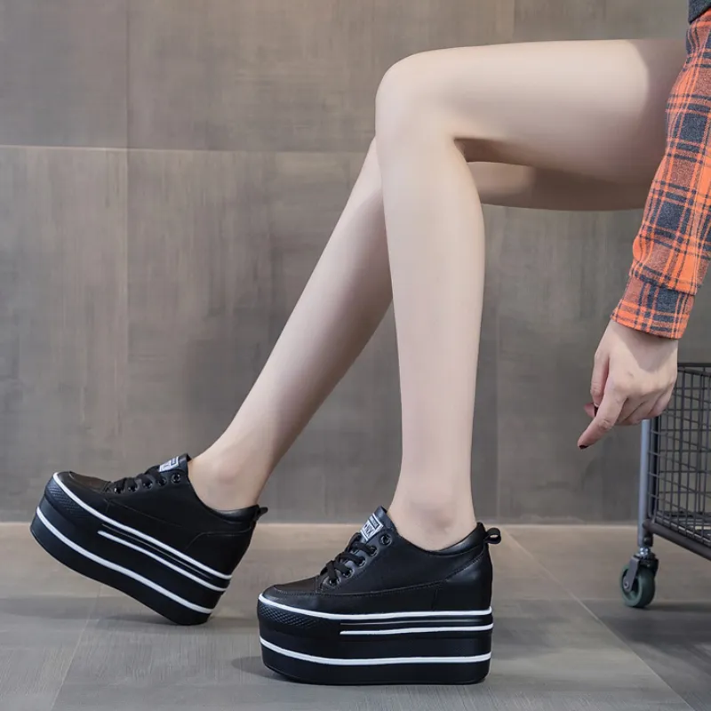 Fujin Super Alta plataforma de salto grossa Flats Sapatos femininos Casual couro genuíno de alta qualidade de alta qualidade tênis de calçados brancos preto branco