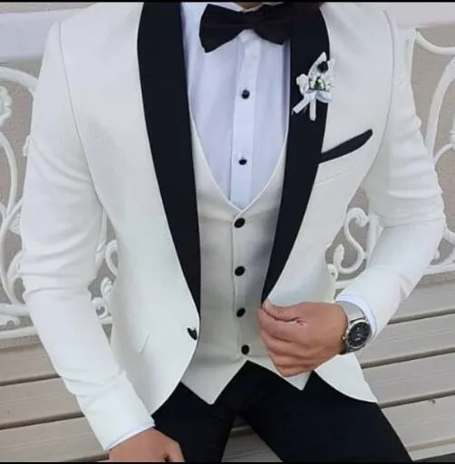 メンズスーツブレザー最新のコートパンツデザイン白い男性スーツブラックショールラペルフォーマルタキシードウェディングスーツ