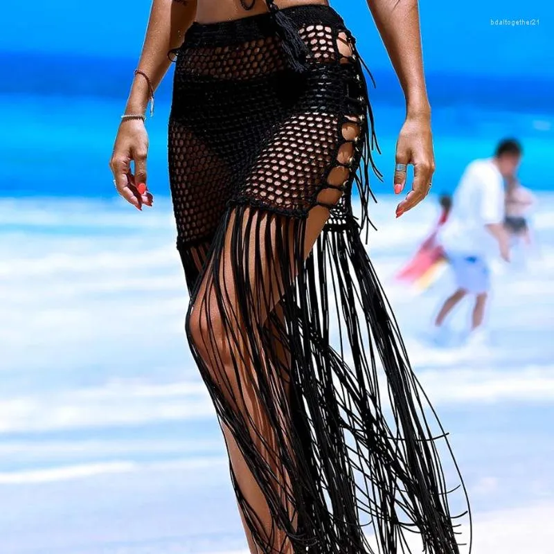 Women's Swimwear Sexy Woman Bohemia Dress Hollow Out Beach Maxi Knit Skirt Split Tassels Crochet Beachwear Summer 2023 Cover Up Skirts