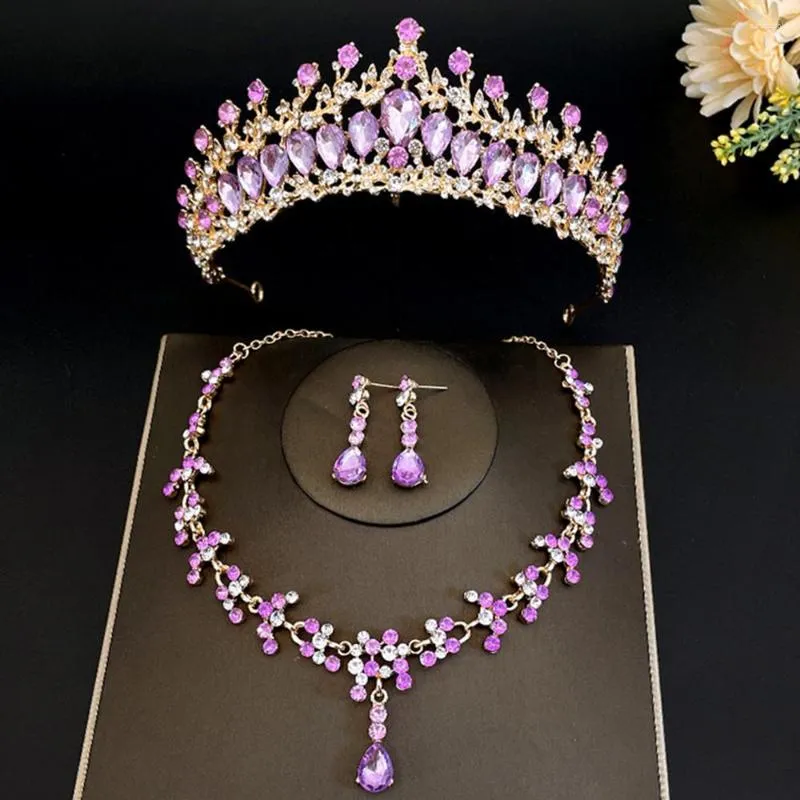 Halsband örhängen set elegant lyx himmel blå kristall strass krona choker tiara smycken bröllop tillbehör