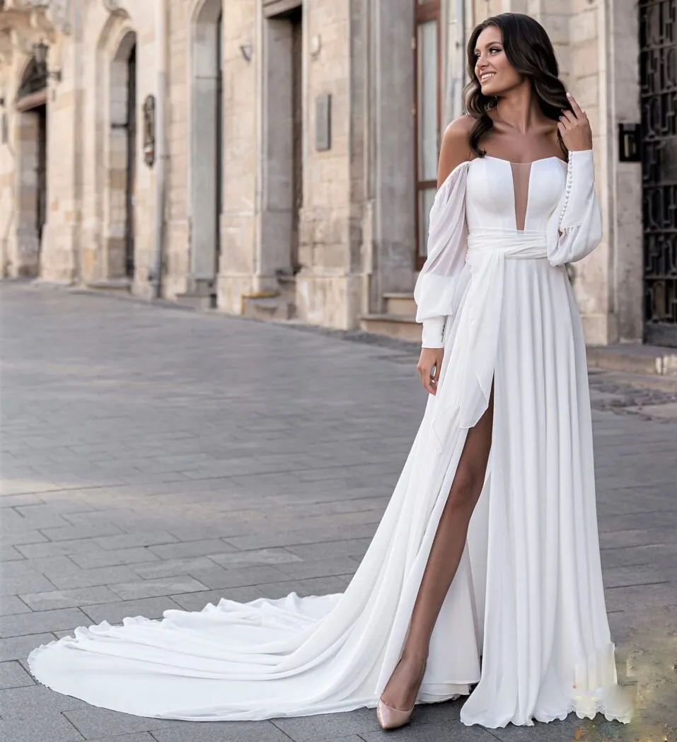 Vestido de noiva de chiffon A-line Of OMBRO PRAIA LONGO DO BRIDA LONGA PHOFFGO