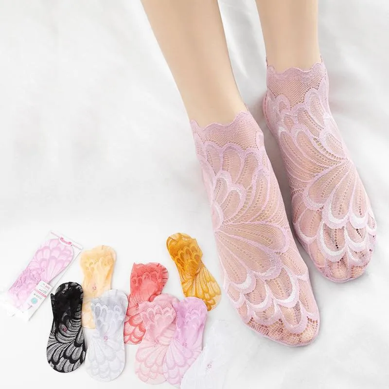 Damensocken Strumpfwaren Anti Skid Liner Sommer Low Cut Ankle Cotton Lace Peacock