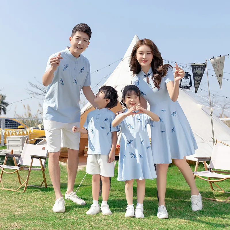 Семейные подходящие наряды в китайском стиле летняя семейная одежда наборы мать дети дочь Отец платье папы.