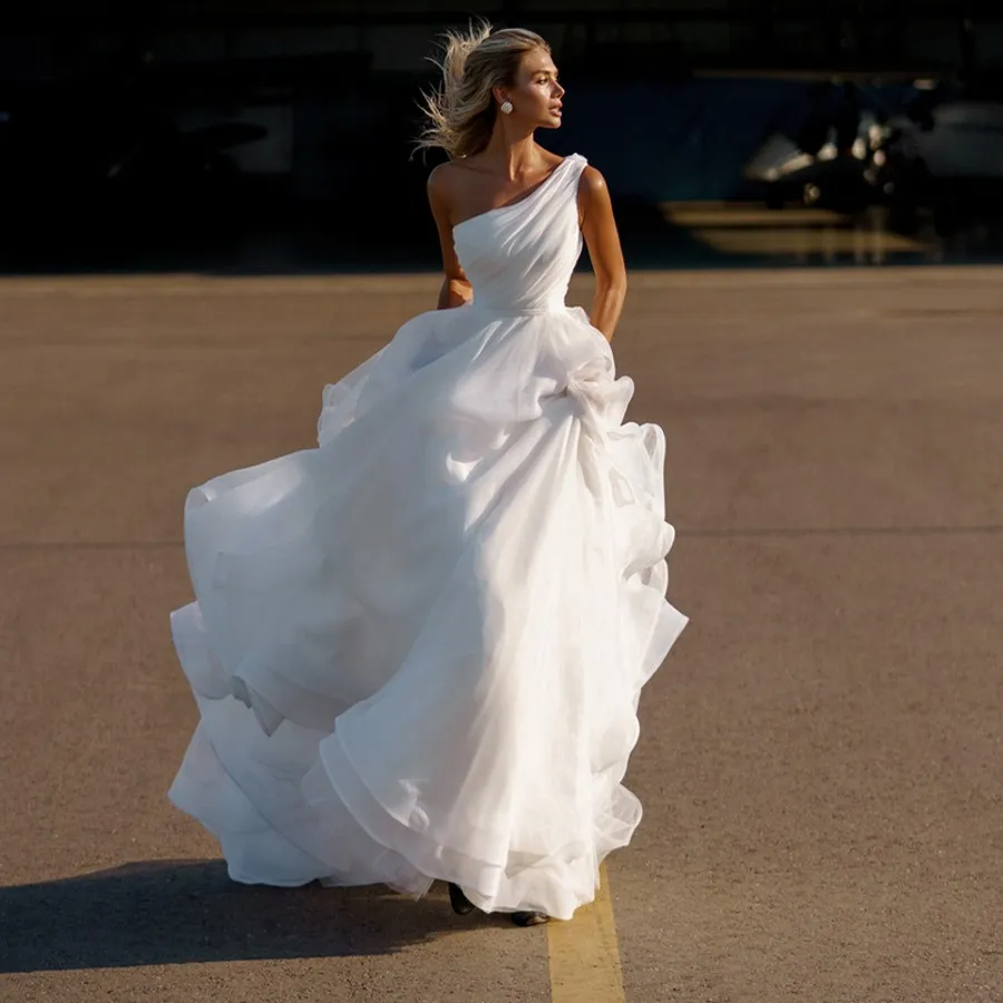 beach one shoulder wedding dress Bohemian One Shoulder a line wedding dress with Pleats, Sleeveless Organza Skirt, Floor Length Bridal Gown