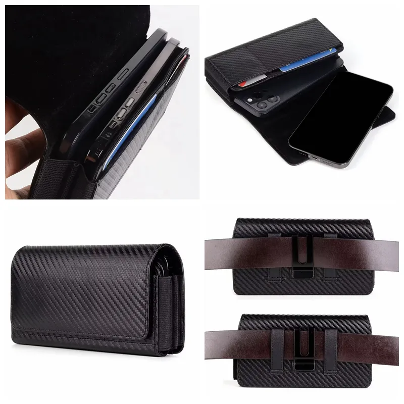 Étuis doubles en cuir horizontal de hanche générale de 5,5 à 7,0 pouces pour iPhone 15 14 Plus 13 Pro MAX 12 S23 S22 Ultra Clip Holster en fibre de carbone Fente pour carte Boucle Ceinture Pochette pour téléphone