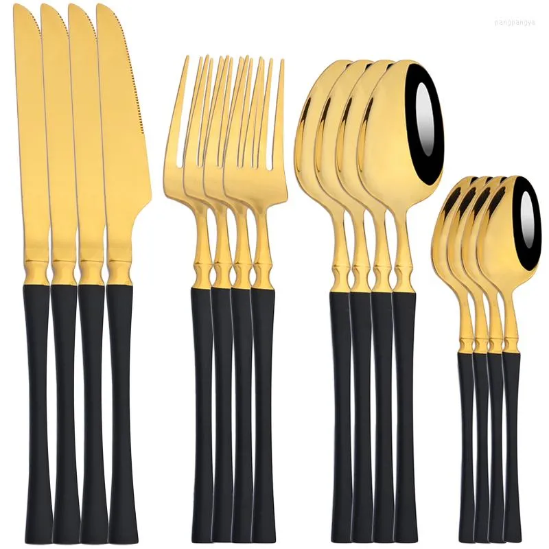 Juegos de vajilla 16 piezas Juego de cubiertos Acero inoxidable Negro Oro Cuchillo Tenedor Cuchara Cubiertos Vajilla de lujo Accesorios de cocina