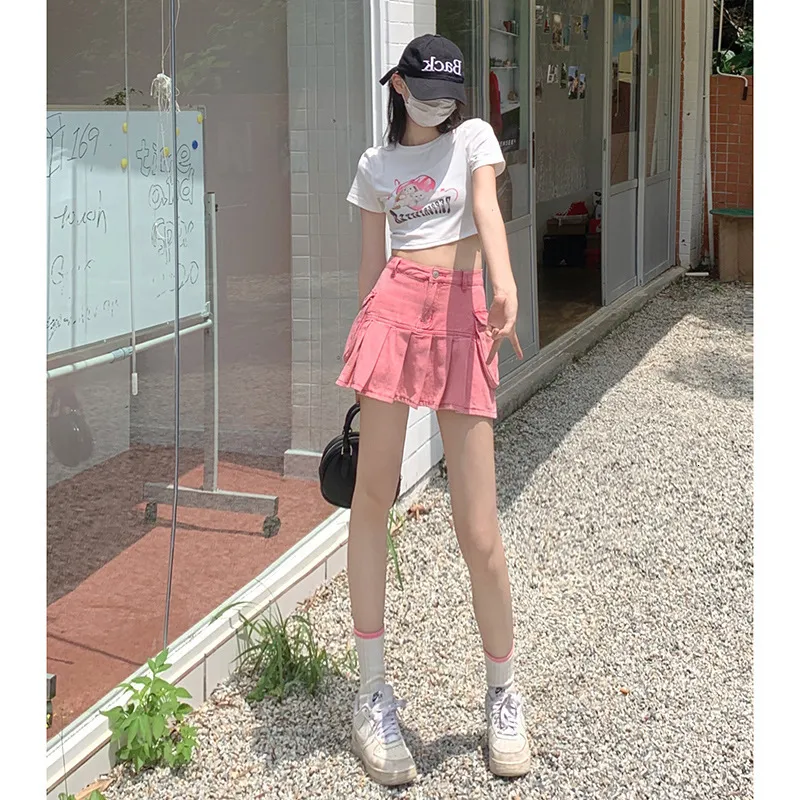Pink denim skater skirt cheap