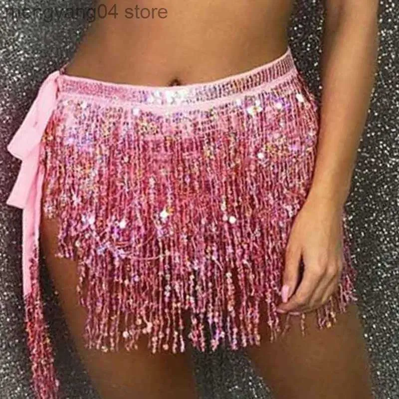 Skirts Women Boho Fringe Skirt Sexy Sequin Tassel Belly Dance Hip Scarf Rave Wrap Skirt Belt Performance Custume Skirt 2021 T230506