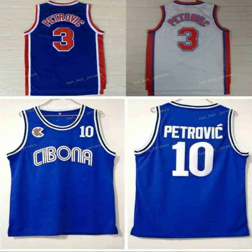 Vintage Drazen 3 Petrovic Maglie Cibona Zagreb College Basketball Drazen 10 Petrovic Jersey Camicia sportiva traspirante blu cucita