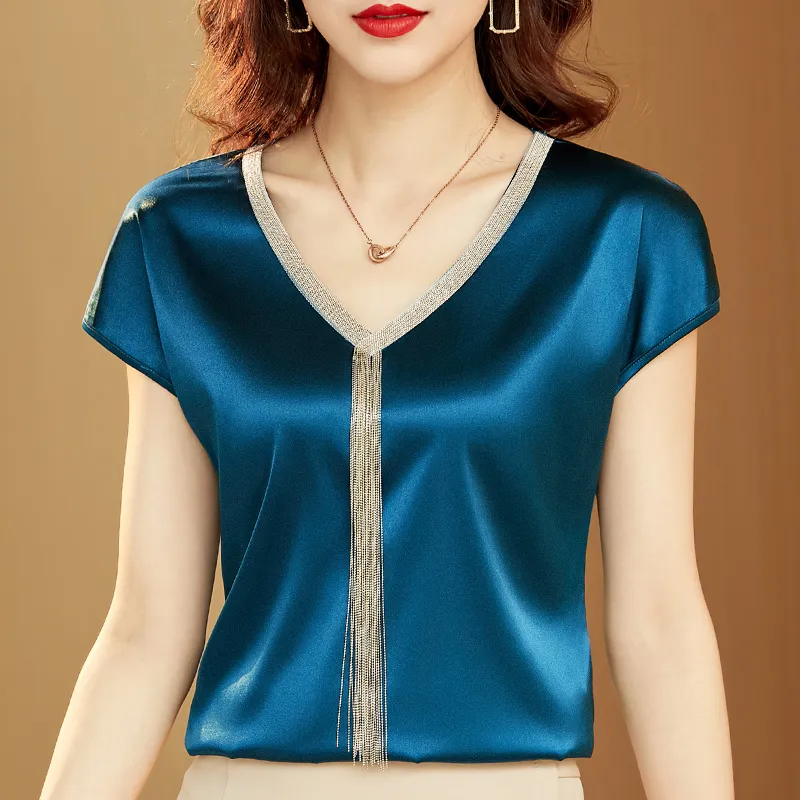 Blouses voor damesoverhemden shirts en blouses Fashion Woman Silk Tops Solid V-Neck Satin Bat Sleeve voor vrouwen Elegante kantoor dame losse casual 15494 230505