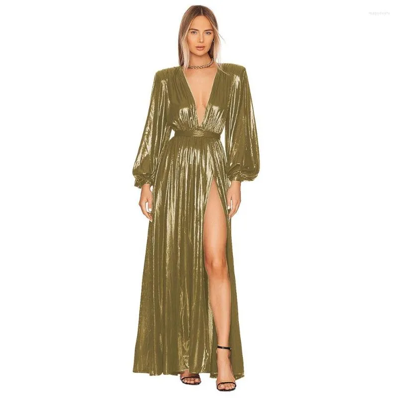 Robes Décontractées Métallique Brillant Sexy Dos Ouvert Col En V Maxi Robe Femmes Night Club Porter À Manches Longues Lanterne Haute Split Étage Longueur Robe