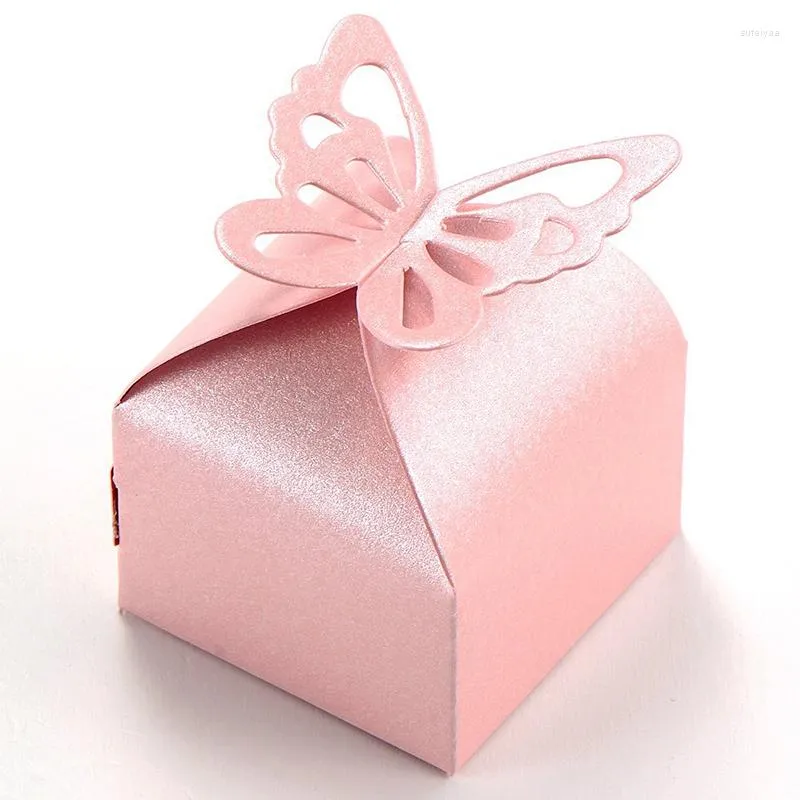 Presentförpackning 50st rosa fjäril dekoration boite en dragees bröllop dop födelse ros godis låda
