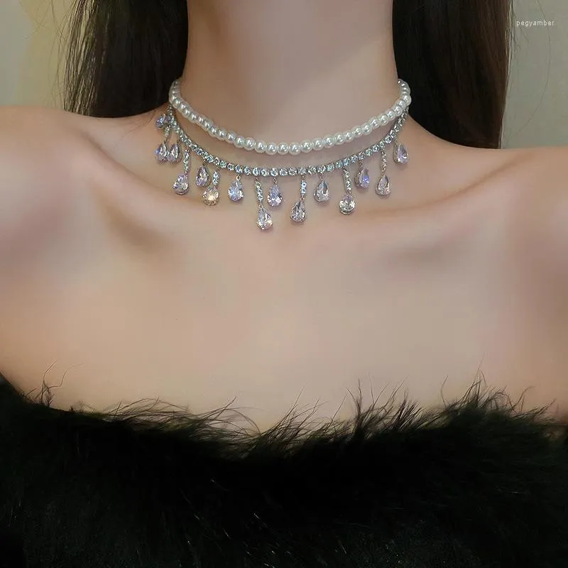 Choker Ailodo Cubic Zirkonia Waterdrop Naszyjnik dla kobiet Elegancki łańcuch tenisowy Pearl Party Wedding Fashion Biżuteria