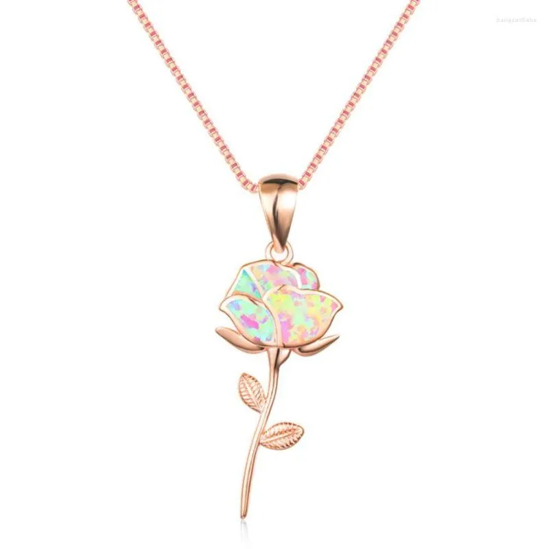 Chains Lovely Gold-Plated Rose Flower Pink Fire Opal Pendant Necklace For Gift