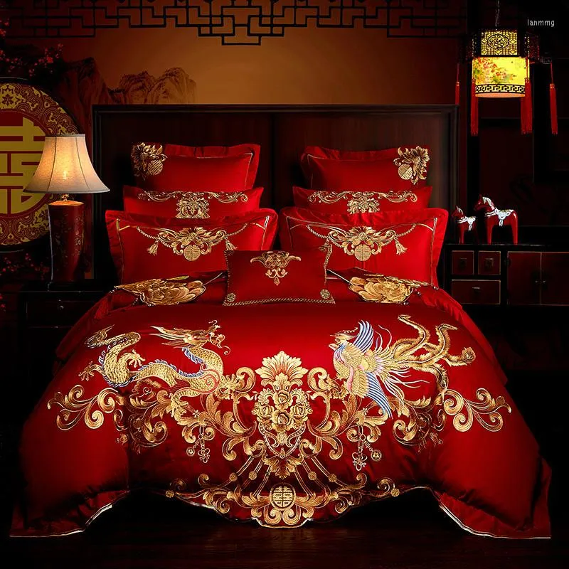 Bedding Sets Red China Wedding Luxury Oriental Golden Phoenix Loong Embroidery Cotton Set Duvet Cover Bed Sheet Pillowcase 4 6 8