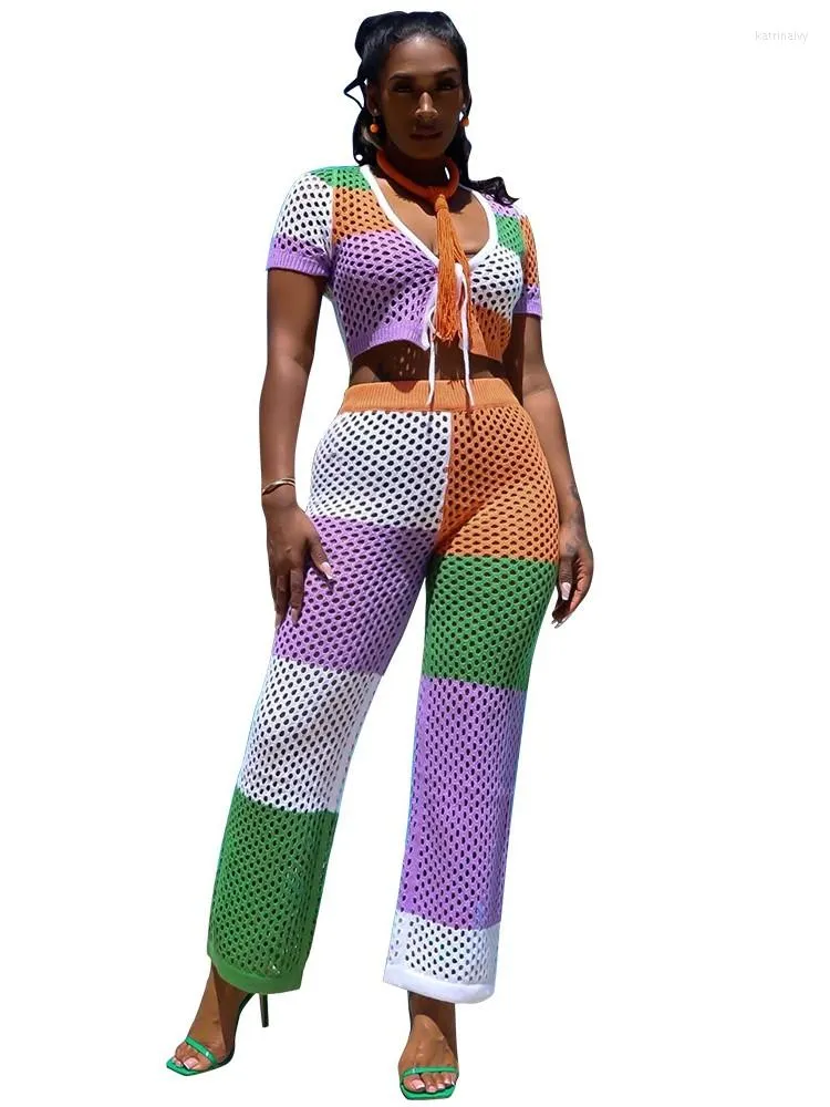 Damen-Trainingsanzüge 2-teiliges Set Afrikanische Kleidung Sommer-Frauen-Outfit 2023 Schnür-Crop-Top und gerade Hose Hollowout Jacquard Casual Sexy