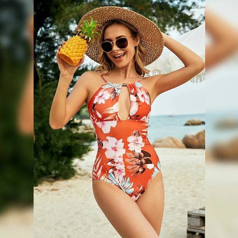 Summer Spring One Piece Swimsuit Spaghetti Straps Chest Wrap Printed Beach Vacation Triangle Bikini