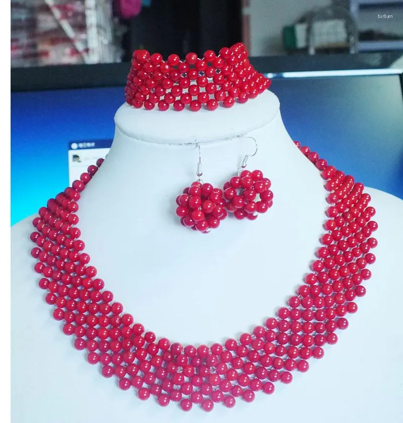 Collier boucles d'oreilles ensemble de haute qualité vin perles de corail rouge bijoux de mariage cadeau femmes 18"