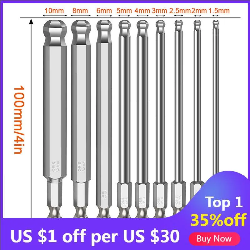 Schroevendraaier Bola End Hex Destornillador Bits Métricos Allen Hex Bit 100mm Bola Magnética Magnética Broad