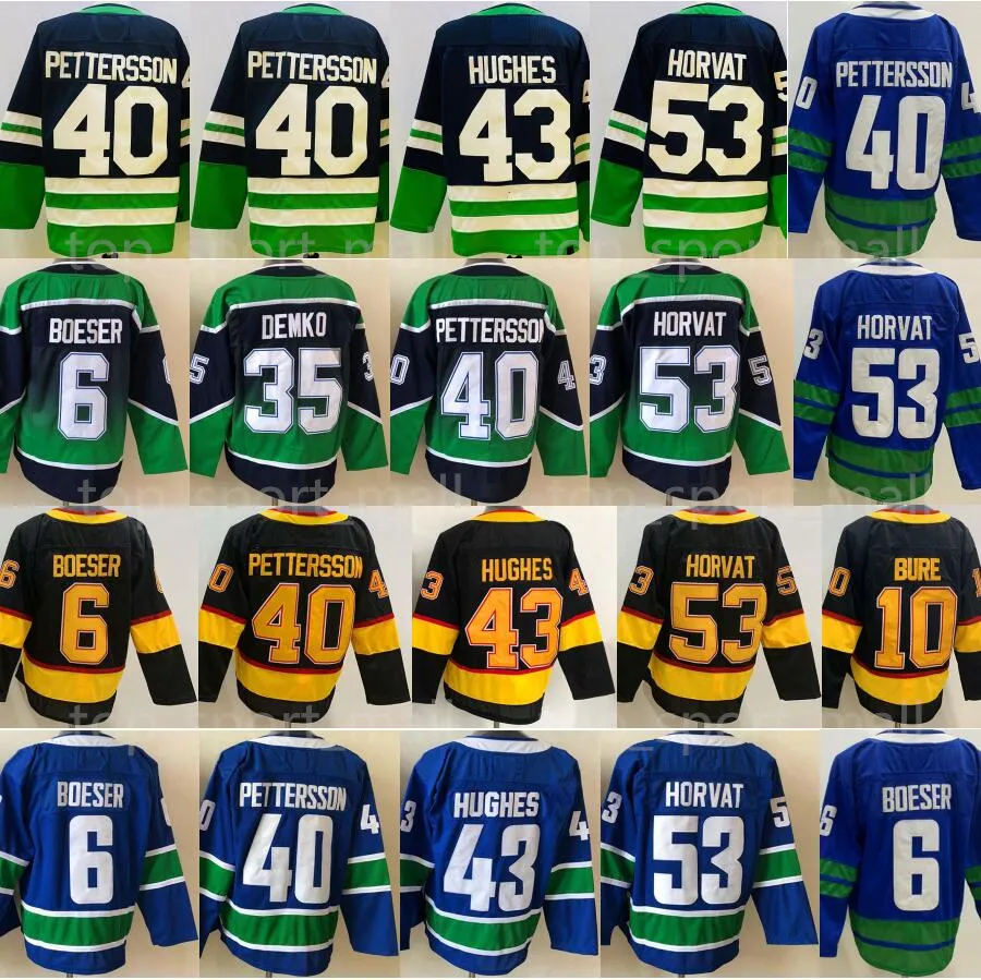 رجل هوكي الجليد 53 قمصان Bo Horvat 6 Brock Boeser 40 Elias Pettersson 43 Quinn Hughes Reverse Retro 2.0 Team Blue White Alternate Black Men Stitched Good