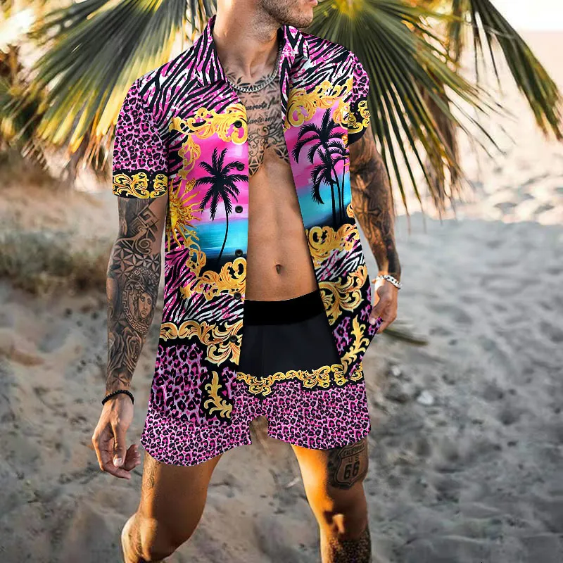 Herrespår Summer Beach Wear Clothes Men Hawaiian Shirt Set 2 Piece Outfit Button Up Shirts Coconut Tree Printed Button Up Vacation 230506