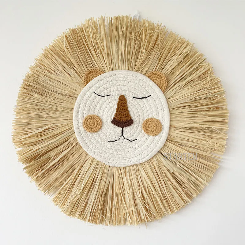 Decorative Objects Figurines INS Nordic Handmade Lion Wall Decor Cotton Thread Straw Woven Animal Head Wall Ornament for Nursery Baby Room Decoration 230505