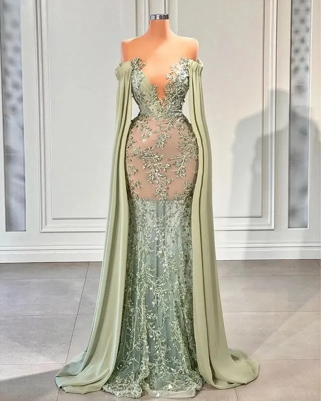 Lace mermaid dress with beaded chiffon capelet cheap