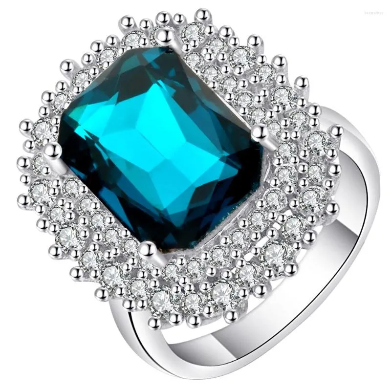 Anéis de casamento azul brilhante zircônia cúbica florescendo flores de prata feminina engajamento elegante para mulheres bijoux anilos mujer