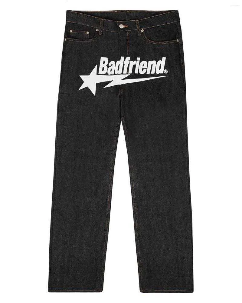 Mens Jeans Y2k Hip Hop Bad Friend Letter Printing Baggy Black Pants Harajuku Fashion Punk Rock Wide Foot Trousers Streetwear