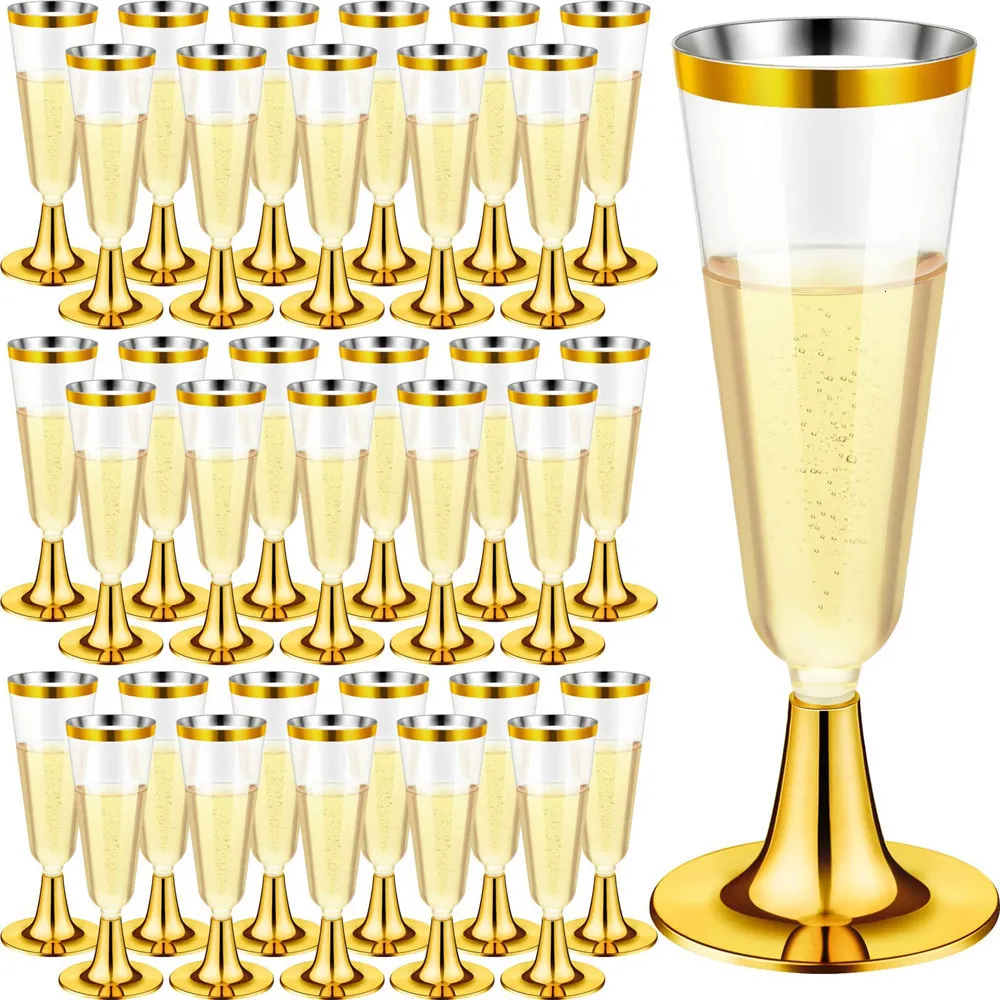 Engångskoppar Straws 30st Rimmed Plastic Champagne Flutes 5 Oz Gold Clear Toasting Glasses Cocktail For Wedding Party 230505