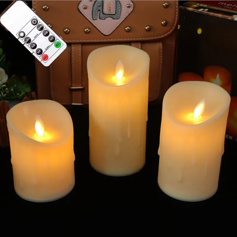 Pacote de velas de 3 controle remoto Motivo de movimentação LED Velas sem chamas piscando velas pilares operadas por bateria com chama realista 230505