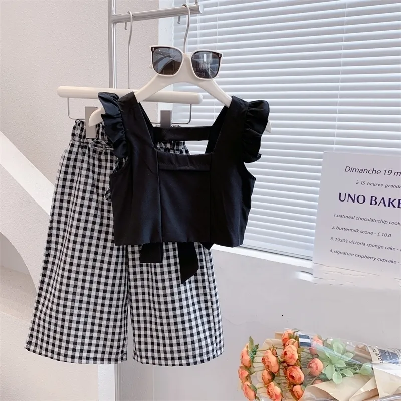 Clothing Sets Summer Children S Girls Camisole Top Plus Plaid Wide Leg Pants 2Pcs Fashion Baby Kids Clothes Suit 230505