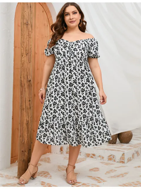 Plus size Dresses Plus Size Black Dresses for Women Summer Female V Neck Short Sleeve Floral Print Casual Dress Loose Women Clothing 230506