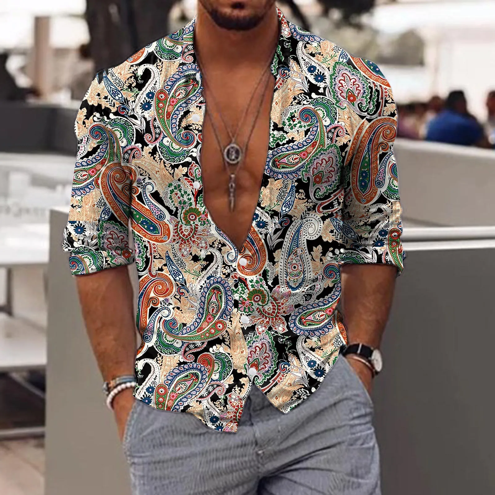 Мужские повседневные рубашки этнические рубашки мужчины с длинным рукавом осень зимняя мода Paisley Цветочная печать лучшие винтажные 3D цифровые печатные рубашки Camisa 230506