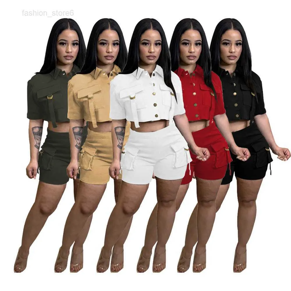 Yeni Tasarımcı Yaz Kıyafetleri Kadın Trailsits İki 2 parça Set Kısa Kollu Gömlek ve Kargo Şortları Sweatsuits Katı Spor Giyim Toplu Toptan Kıyafetler 9451