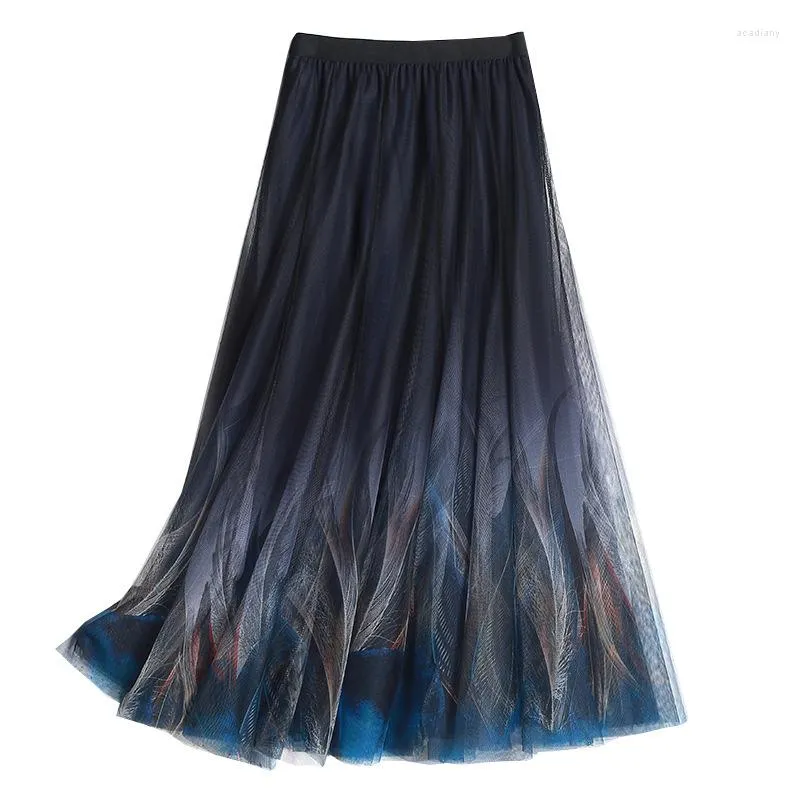 Rokken vintage tule lange rok vrouwen zomer pauw print geplooide vrouwelijk elegant feest grote swing a-line midi