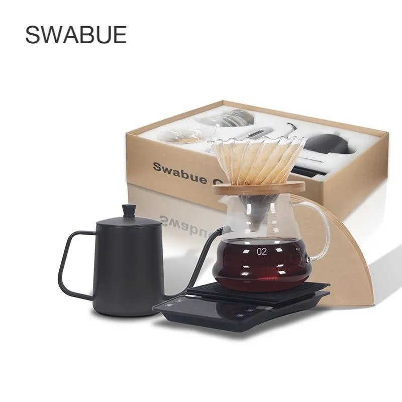 Verktyg Swabue Häll över kaffesatser V60 Dripper Filter Papers Glass Pot 500 ml Kettle Electronic Scales With Timers Cafe 5 PCS