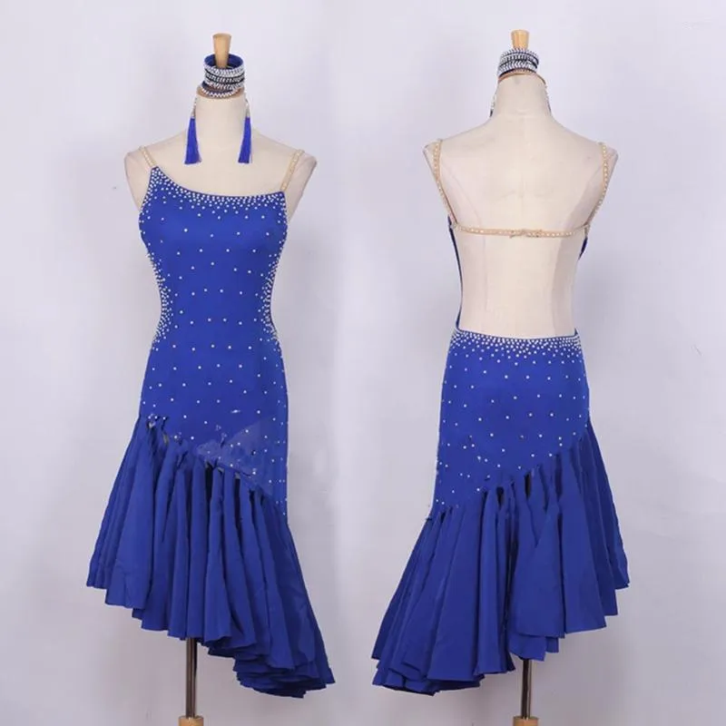 Stage Wear Current Latin Dancing Dresses For Ladies Blue Black Rhinestone Skirt Suit Women Ballroom Fantasia Infantil Performance Dress1193