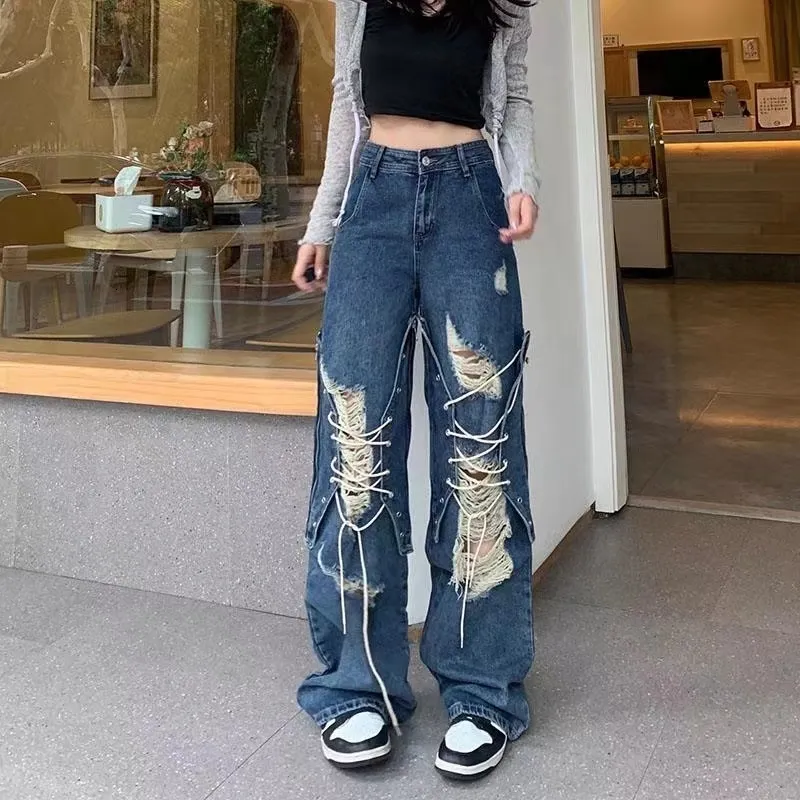 Y2k Baggy jeans voor dames, boyfriend-jeans, lage taille, hiphop, rechte vintage denim broek met wijde pijpen, losse broek, wijde streetwear, slipjeans, vrijetijdsbroek, zwart-p, M