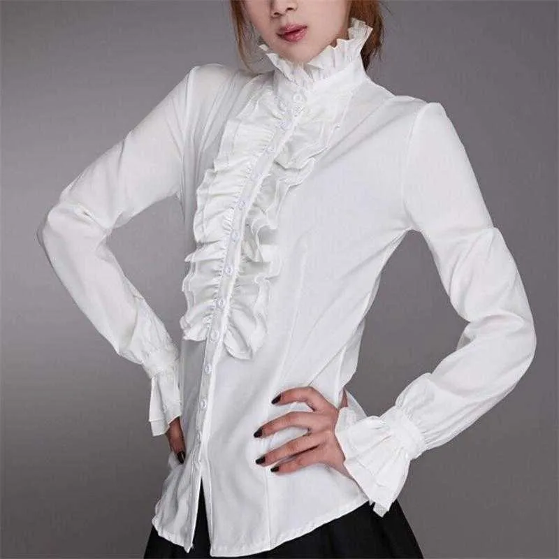 Kvinnors blusar skjortor kvinnors viktorianska modetröjor ol vit skjorta för flickor hög hals veckade manschetttröjor kvinnors blus halvsäsong p230506