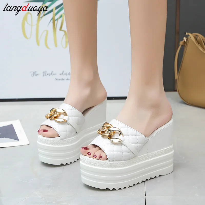 white 12cm Super High Heels Women Slippers Metain Chain Height Increasing Slides Women Wedding Shoes New Platform Wedding Shoes