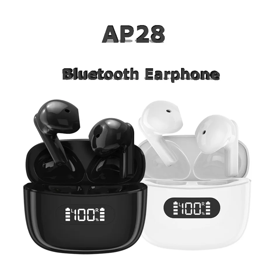 AP28 TWS Gerçek Kablosuz Kulaklıklar Bluetooth Kulaklıklar BT5.3 LED Dijital Ekranlı HIFI Subwoofer Kulaklıkları Perakende Kutusunda