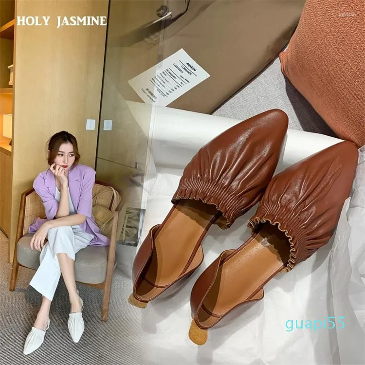 Chaussures de robe en cuir véritable pointu jeune dame streetwear datant plissé solide coréen fille loisirs orteil slip sur sandales femmes 2023 été