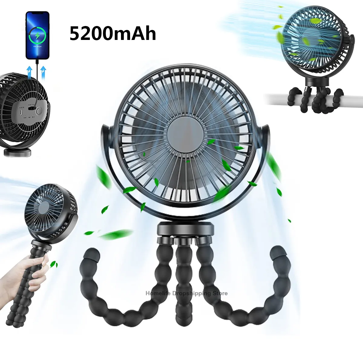 5200mAh 배터리 전원 전원 팬 휴대용 베이비 유모차 팬 360 ° 카시트 여행을위한 유연한 삼각대가있는 팬의 충전식 미니 클립 회전