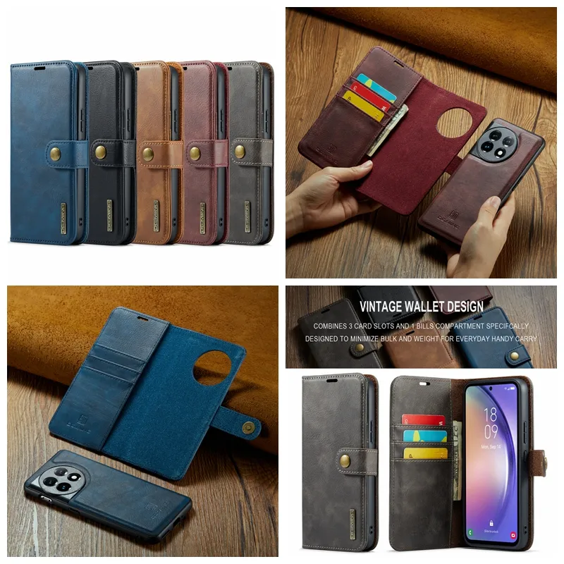 DG.MING Removable Leather Wallet Cases For Samsung A54 A34 A24 A14 4G 5G One Plus 11 10 Pro 10R Magnetic Detachable Flip Cover 2in1 Metal Button Card Holder PU Pouch