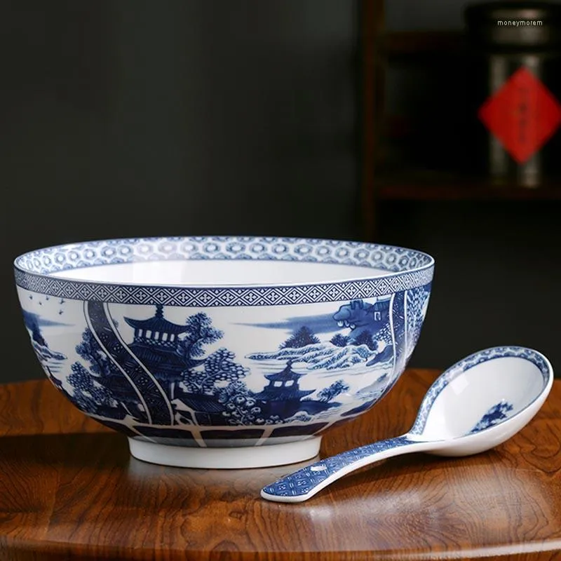그릇 9 인치 Jingdezhen 블루와 흰색 도자기라면 그릇 두꺼운 세라믹 중국 식 테이블 샐러드 믹싱 용기 아트